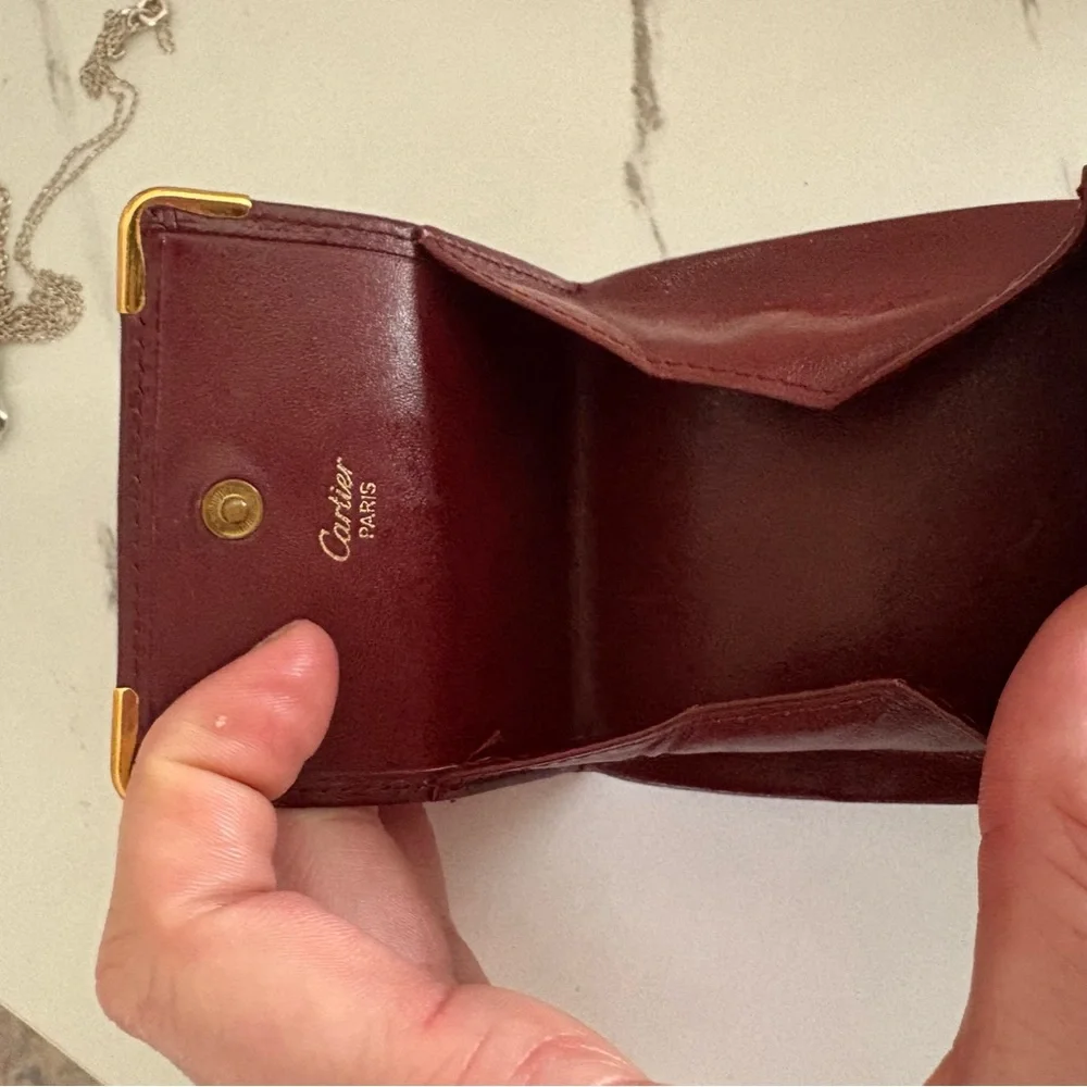 CARTIER Burgundy Leather Coin Wallet with Gold Accents